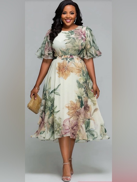 Xpluswear Dresses & Skirts - Xpluswear - Floral A-Line Midi Dress in Sage Green, 2XL